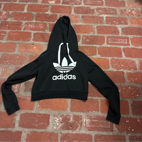 adidas Tops - Adidas Trefoil Logo Cropped Hoodie Black White Womens Small Long Sleeve Cotton